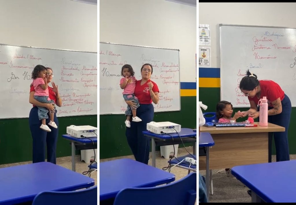 Professora que viralizou ao cuidar de criança durante aula diz que mãe teve que trancar curso: ‘Por um momento’